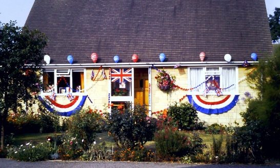 House decorated in celebration of the Queen Mother's 90th birthday